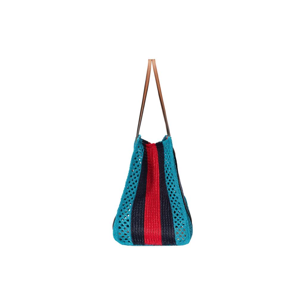 Gucci GG Logo Turquoise Crochet Mesh Tote Bag With Brown Leather Trim For Women Luxury Vacation Daily Use