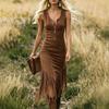 Women Retro Western Cowgirl Sleeveless Slim Fit Fringe Hem Irregular Midi Dress