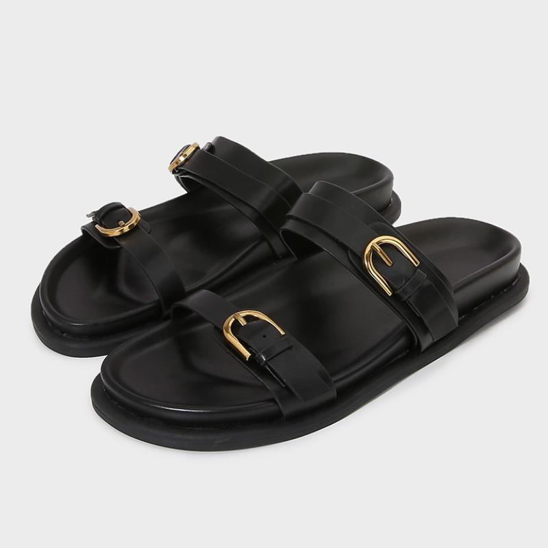 Fashion Metal Buckle Soft Leather Women Roman Shoes Thick Bottom Women Summer Slippers Leisure Comfort Non-slip Women Beach Flat Sandals