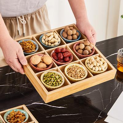 Bambusový a drevený jedálenský tanier Deväťpriehradkový podnos Deliaci tanier pre hotpot reštauráciu so sadou misiek Kreatívny riad Špeciálny tanier na zeleninu pre hotpot