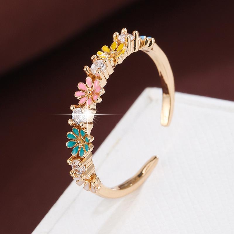 Sweet Romantic Colorful Daisy Zircon Open Ring - Cute Ins Pure Copper Women's Jewelry