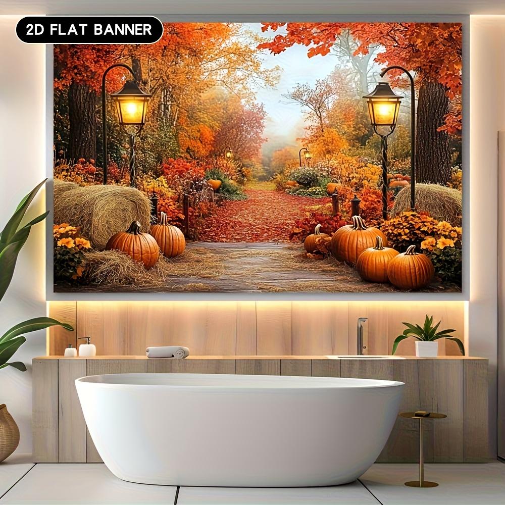 1 piece 2D flat printing autumn harvest pumpkin maple leaf street lamp background cloth decorative banner