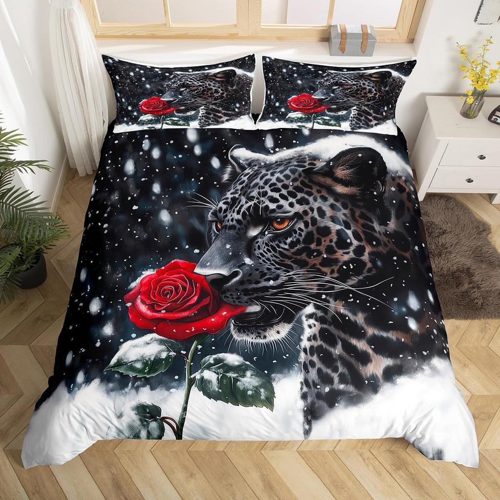 Leopard Bedding Set Wild Cheetah Comforter Cover Rose Romantic Floral Duvet Cover For Boys Girls Room Decor Twin Full Queen King