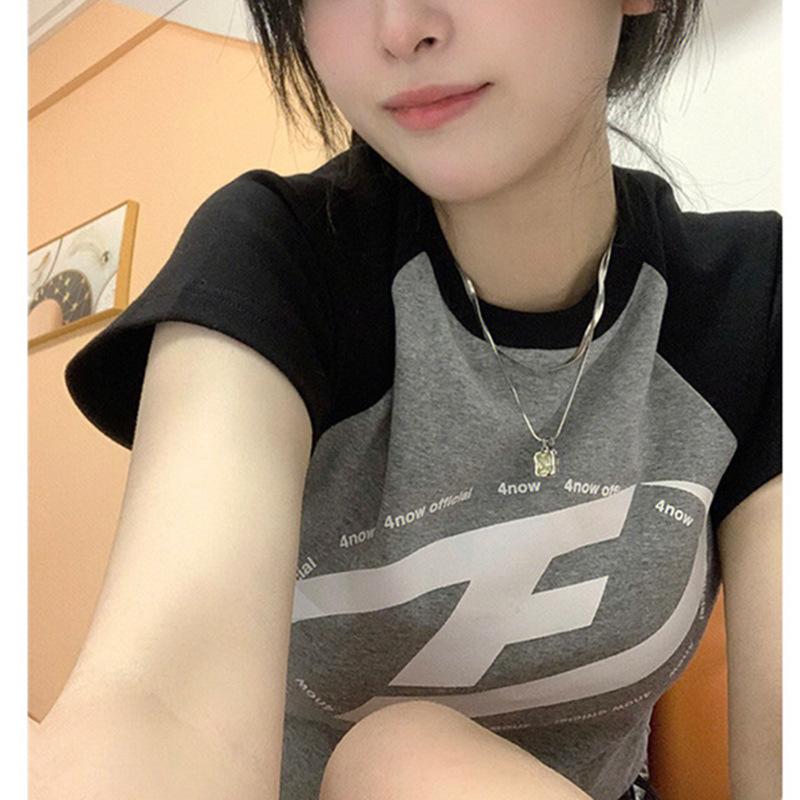 

Футболка в стиле ретро с контрастными плечами и короткими рукавами для женщин, летняя, новая, повседневная, облегающая, с принтом, короткий топ XL