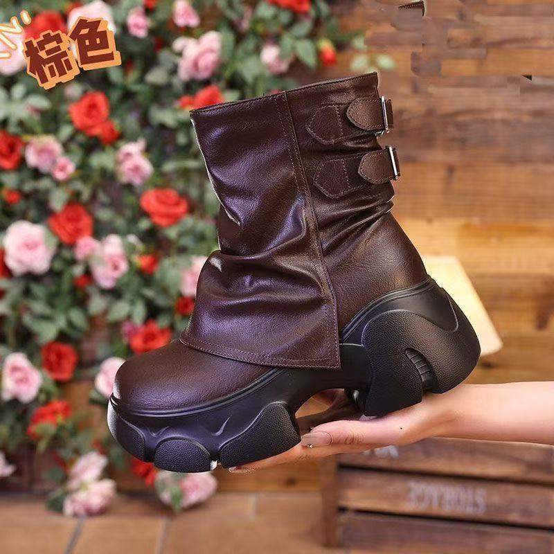 Fall/Winter  High Top Booties Fashion Round Toe Metal Buckle Side Zip Platform Versatile Pant Boots