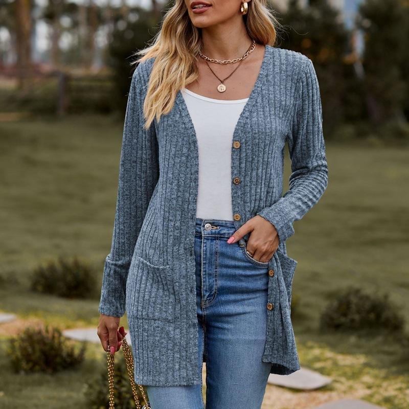 Women's Solid Color Brushed Striped Cardigan with Buttoned Jacket Design