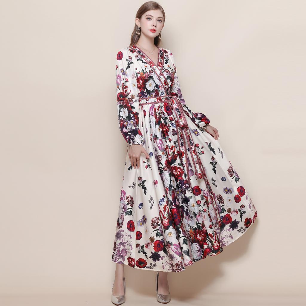Spring Vintage Floral Maxi Dresses for Women Runway Cross V-Neck Long Lantern Sleeve Sashes Beach Holiday Dress Boho Robe