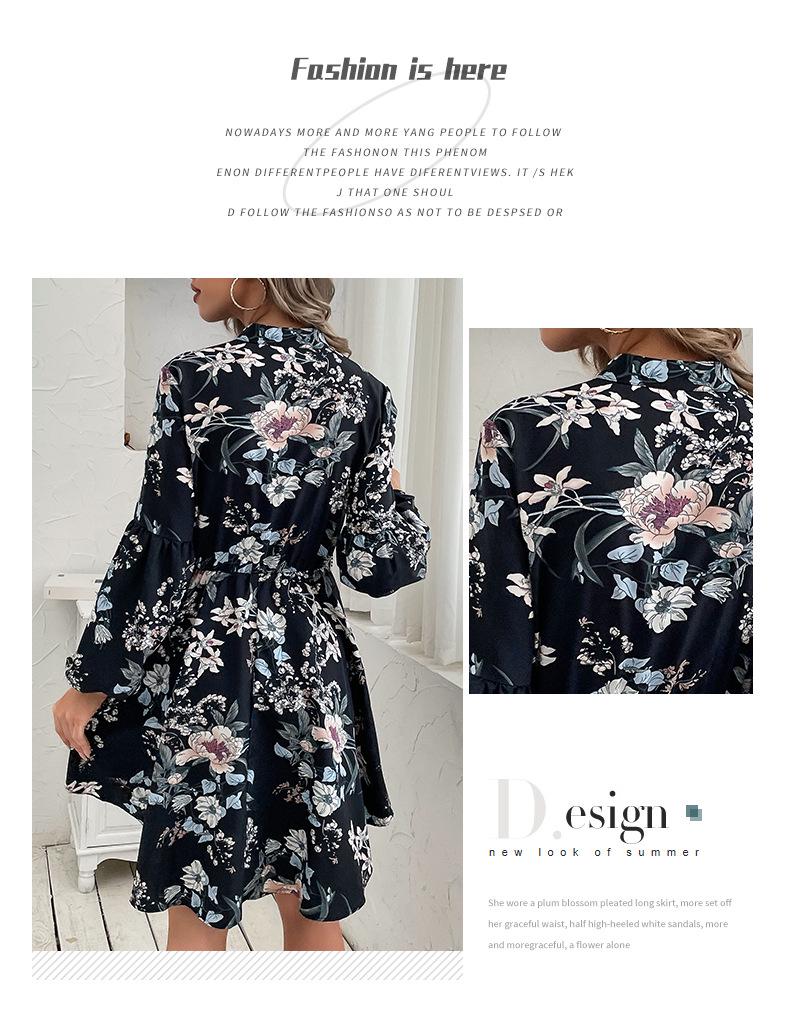 European & American Black Retro Long-Sleeve Printed Women's Dress for Autumn & Winter