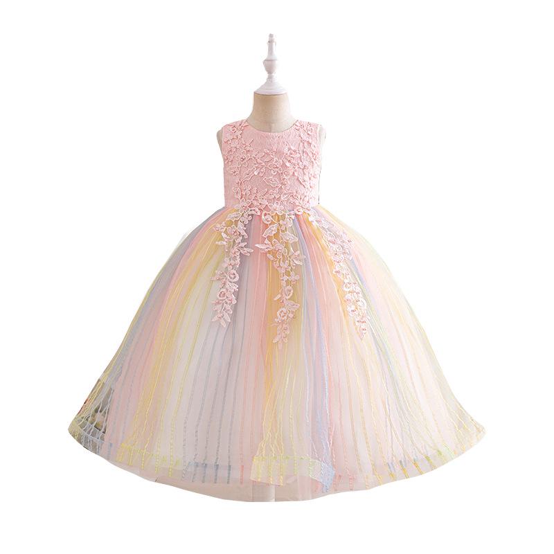 Regnbågsnät Ärmlös Födelsedagsprinsessklänning för Flickor med Pärlor