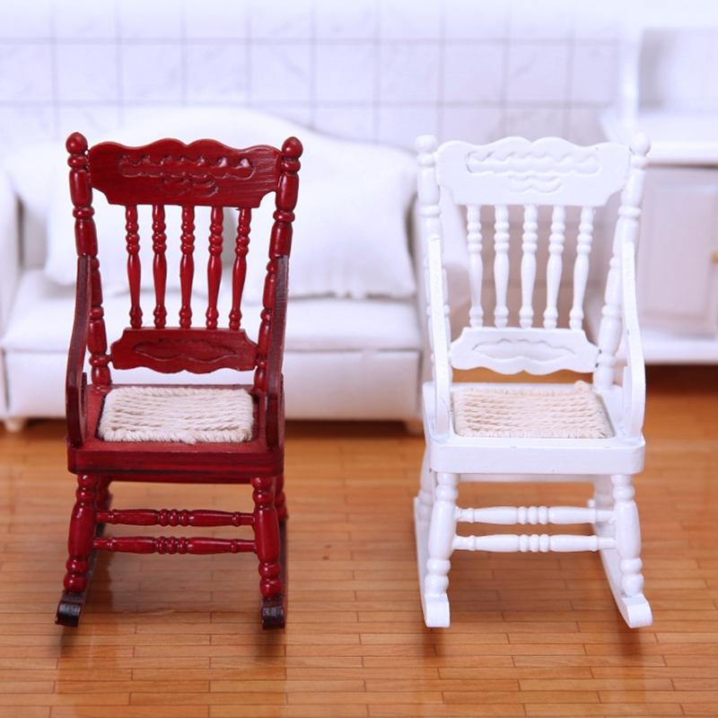 1/12 Toy Model Rocking Chair Pretend for Play Toy Mini Wooden Chair White/Red Role for Play Accessory DIY for Doll House
