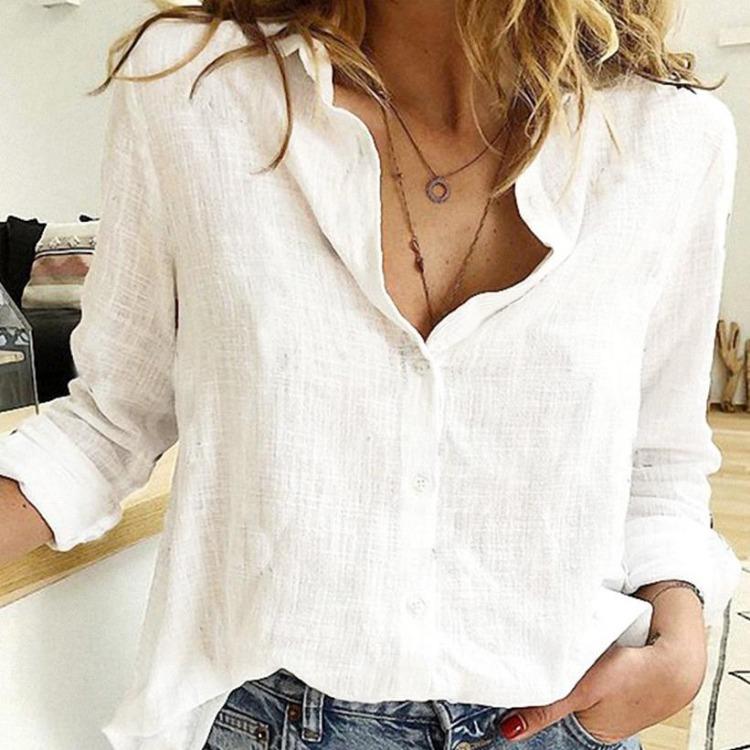 

Женская Мода Повседневная Блузка с Принтом Отложной Воротник Хлопок Лен Кардиган Рубашка Однотонный Узор Большой Размер Весна Осень Топ M белый