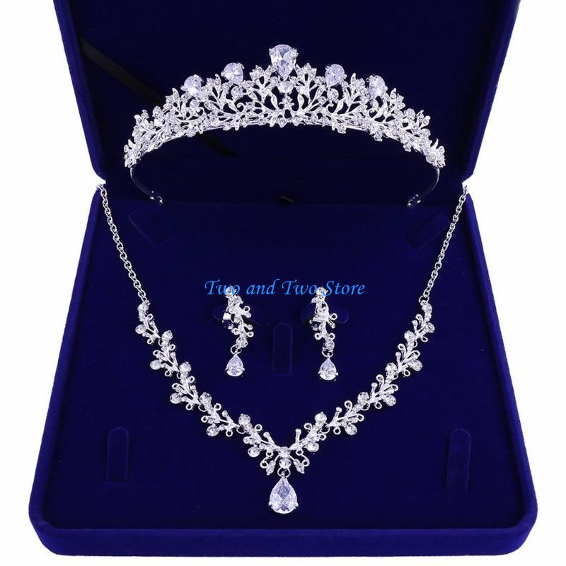HX6F Rhinestones Bridal Jewelry Sets for Women Necklace Earrings with Crown серебряный