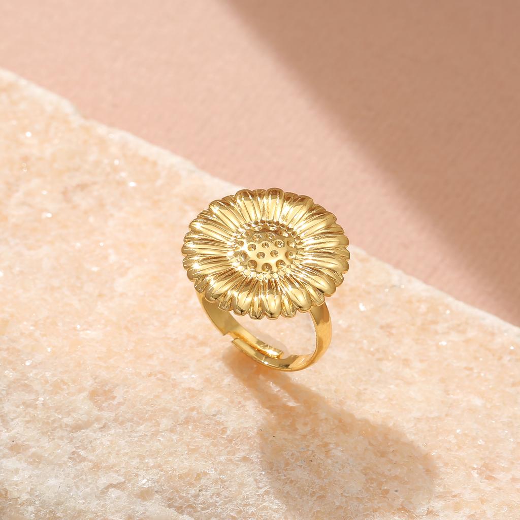 Golden Plated Sunflower Open Adjustable Ring for Women Elegant Statement Jewelry Gift