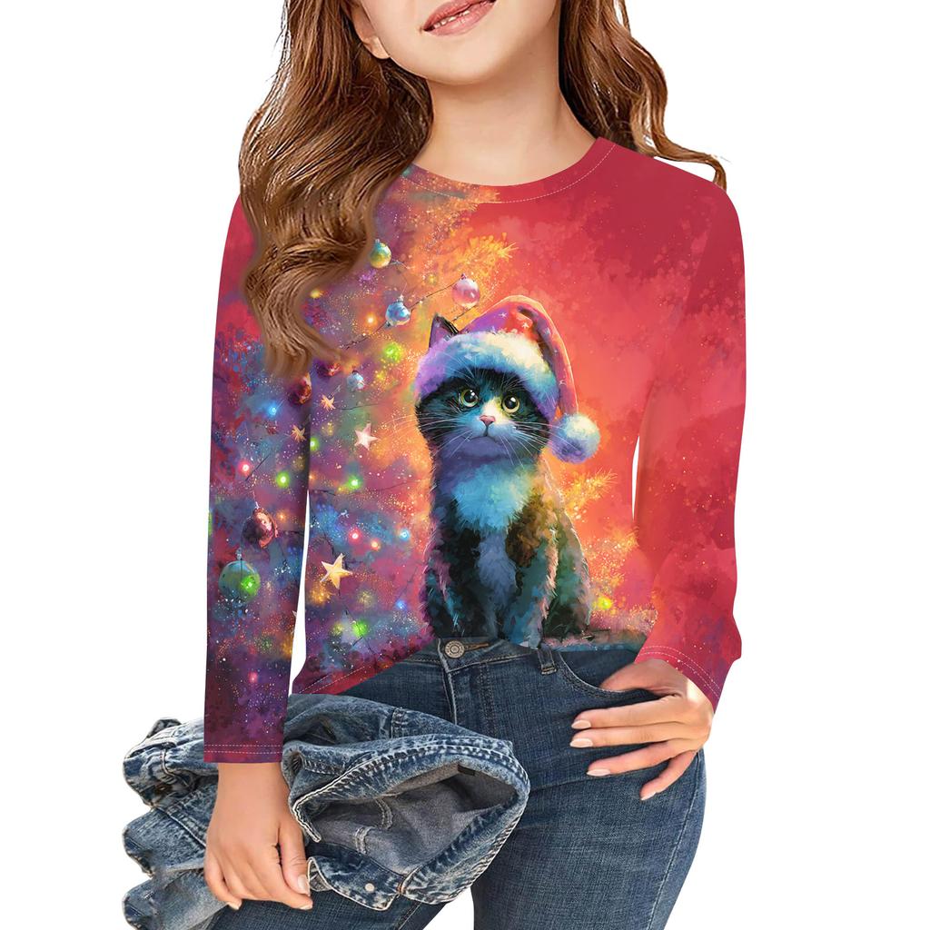 Christmas Day Girls Long Sleeve T Shirts Kids Fall Tops Crewneck Printed Basic Tees