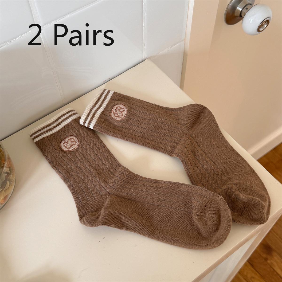 

2 пары вышитых носков до середины икры в трендовом стиле «хлеб» для девочек, полосатые носки контрастных цветов в стиле майяр для осени 2 pairs