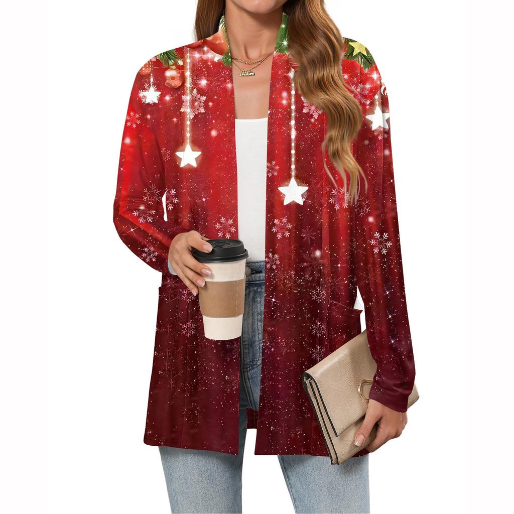 Damen Weihnachten Bedruckter Leichter Cardigan Langärmlig Lässig Locker Dünne Passform Mit Taschen Cardigan Jacke