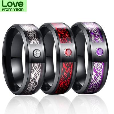 8Mm Men Black Red Stainless Steel Finger Ring Viking Dragon Blue Cubic Zirconia Inlay Finger Ring Nuptial Bridal Band Beveled Edge Comfort FitTrendy