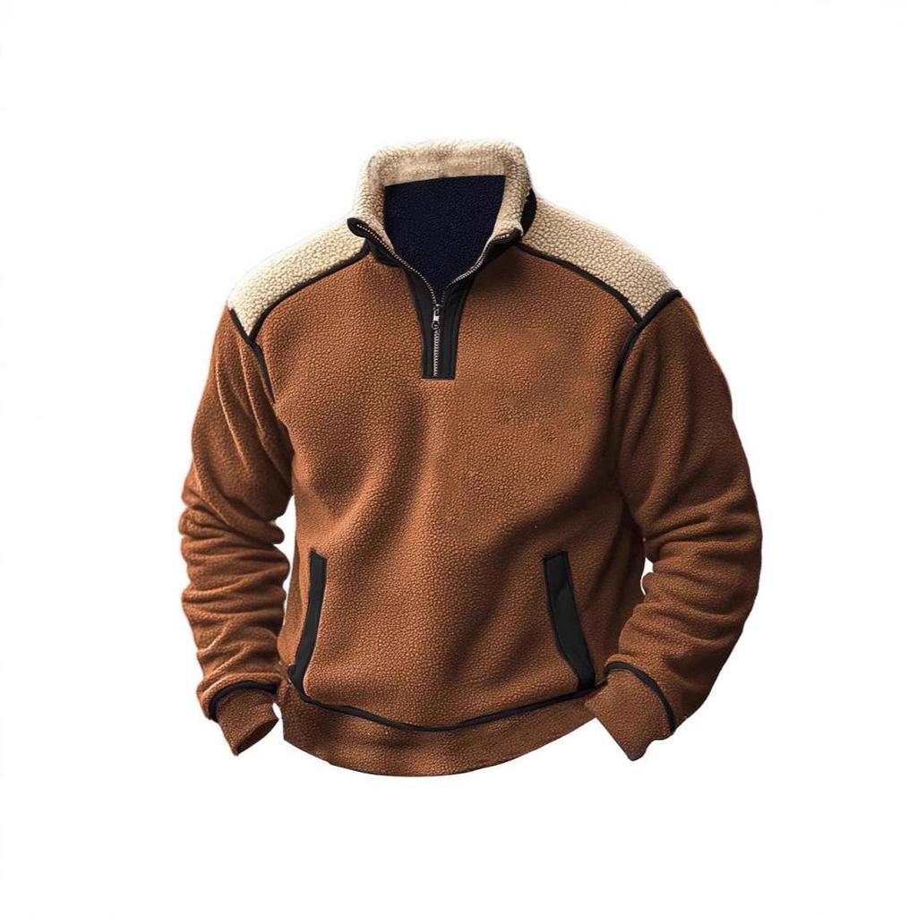 Men's Retro Color Block Stand Collar Lambswool Zipper Sweatshirt - Autumn/Winter Collection