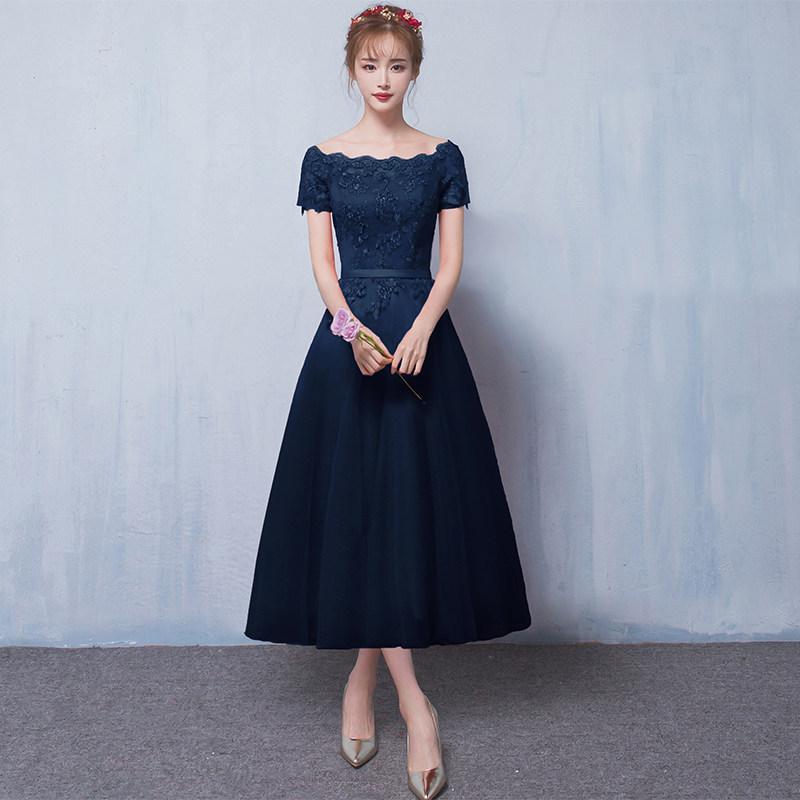Evening dress new one-word shoulder certificate dress bridesmaid dress women's thin banquet bridesmaid group sisters dress