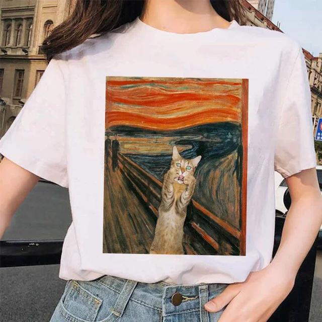 Women Clothes Summer Fashion Trendy Casual TShirt Van Gogh Cat Van Gogh Cat Art Oil Painting Printed T-Shirt Aesthetic Clothes