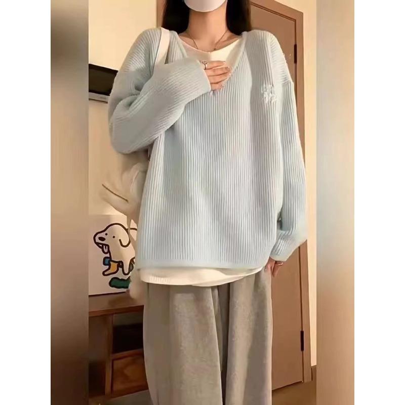 

Женский свитер-двойка, осень-зима, новый, внутренний, свободный и ленивый стиль, мягкий молочно-голубой пуловер с V-образным вырезом, вязаный топ average size светло-синий