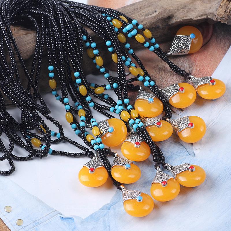 Ethnic Beaded Sweater Chain with Amber Pendant - Bingbing Style Necklace