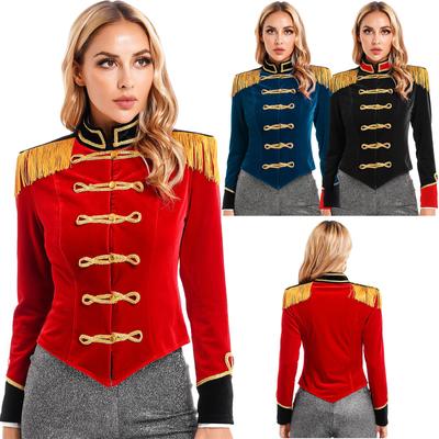 Kadın Sirk Yöneticisi Kostümü Cadılar Bayramı Cosplay Kostümü Dik Yaka Saçaklı Omuzluk Kadife Ceket Kaban