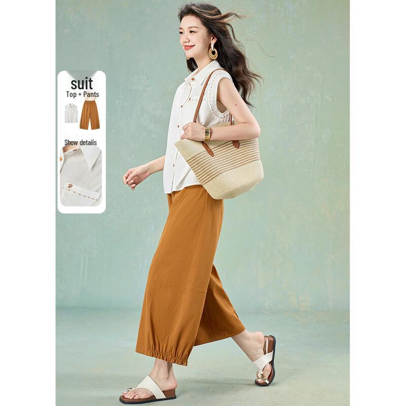 MeiLanNi Women s Casual Color-Block Lapel Two-Piece Pant Set M