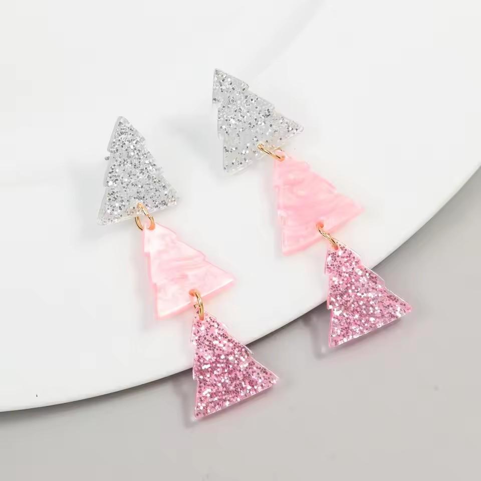 New Glitter Pink Christmas Tree Acrylic Earrings for Women Girls Cute Sweet 3-Tree Long Dangle Earring Party Jewelry Gifts
