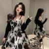 Pure Desire Wind Ink Suspender Dress Set Female Hottie Sunscreen Thin Cardigan Jacket Thin Ink Short Skirt