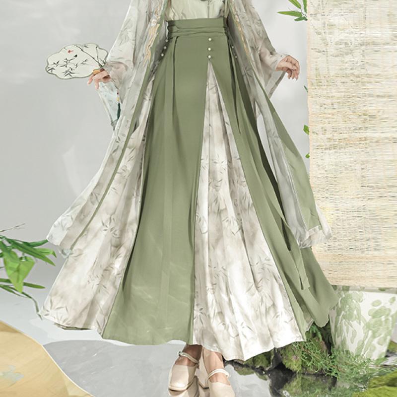 Tema Bambu Tinta Clara Estilo Dinastia Song Chinesa Hanfu Manga Média Longa Conjunto Melhorado de Alça e Saia Para Mulheres