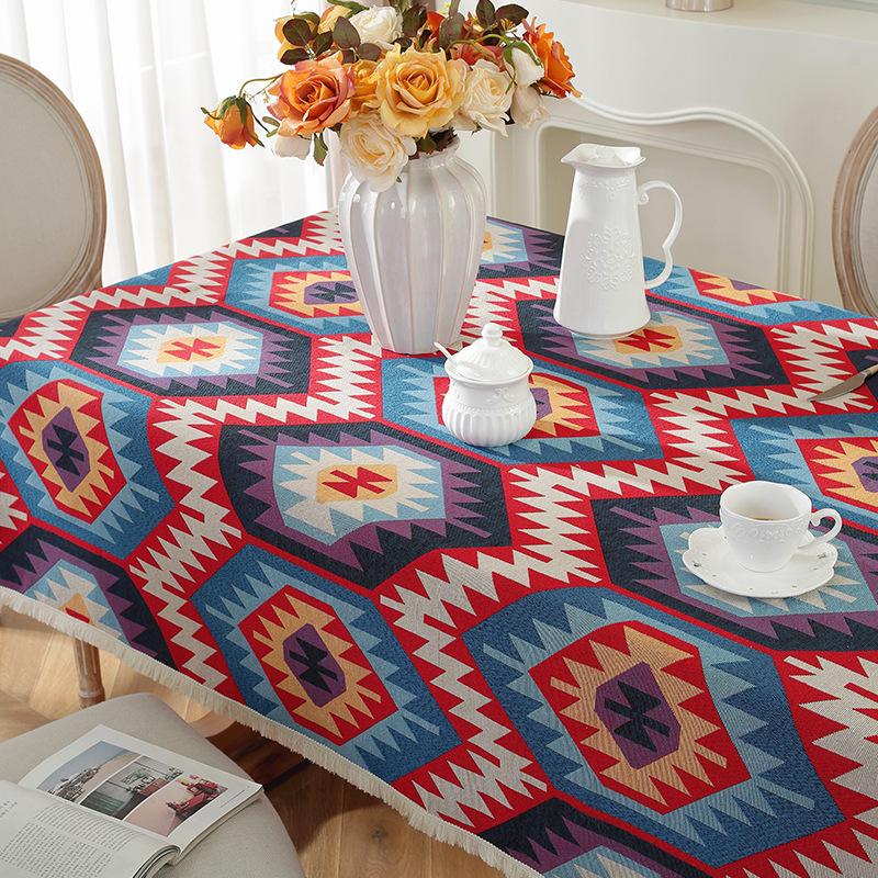 Bohemian Fringed Tablecloth American Retro Jacquard Cotton Linen Heavy Duty Dining Table Cover