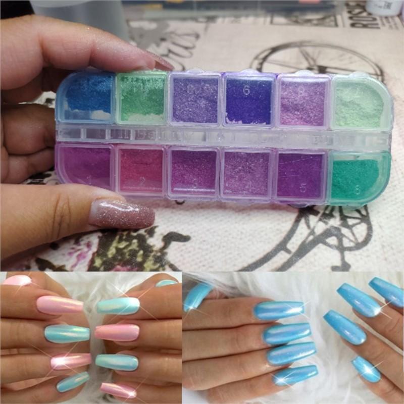12 Grids/Box Nail Glitter Colorful Mirror Effect Shimmer Mermaid Pearl Powder Chrome Pigment Dust Fine Glitter Polish Nail Decor