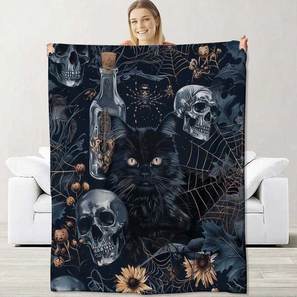 Gothic Skull Black Cat Print Flannel Throw Blanket Soft Warm Fleece Bed Sofa Cover,Decorative Halloween Home Decor For Bedroom Living Room