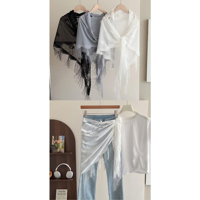 Solid Color Tassel Lace Wave Edge Triangle Shawl For Women