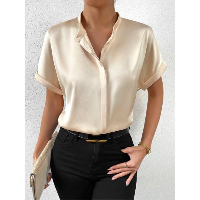 Sommer Satin Kurzarm Frauen Hemd Stehkragen Lose Beiläufige Büro Bluse Damen Einfache 2025 Neue Einfarbig Tops kleidung 3426