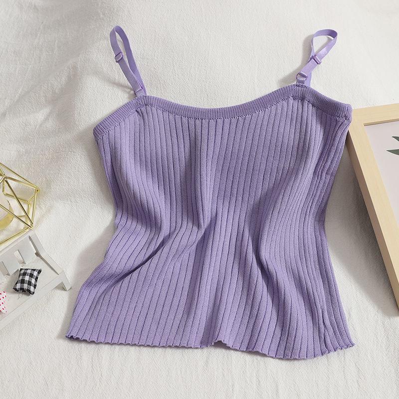 Summer Wear Versatile and Slim Fitting Camisole Top with Solid Color and Simple Knit Vest Inside