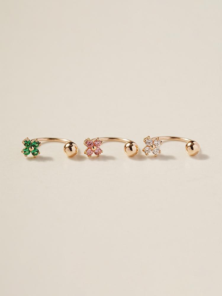 Minimalpiercing 14K Mini Me Four-Leaf Flower Curve Ring Piercing Earrings