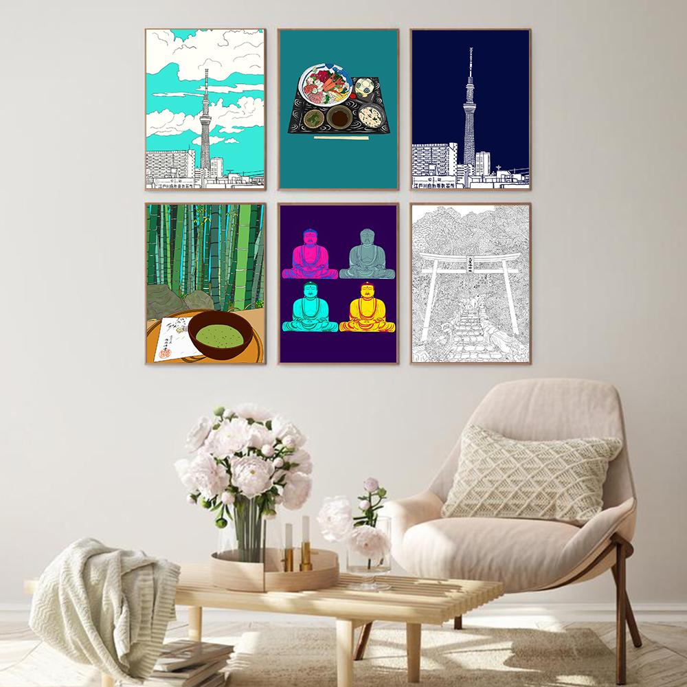 Home Decor Prints Wall Art Japanese Seafood Platter Canvas Painting Tokyo Fuji Canvas Poster Bamboo Temple Daibutsu Pictures