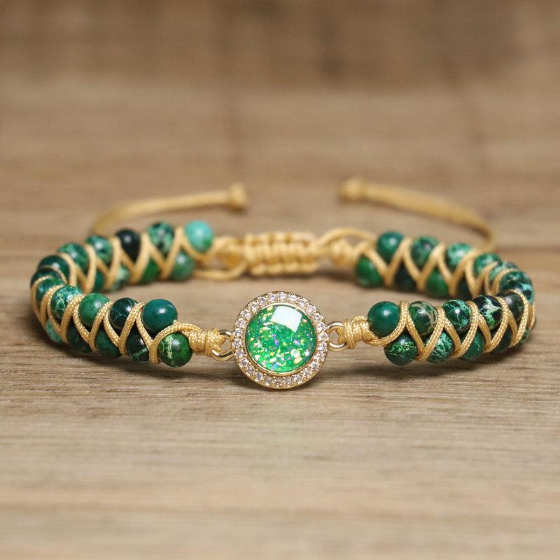 Red Impression Jasper Braided Bracelet – Opal & Crystal Accent Boho Jewelry, Passion Vitality Gift for Women