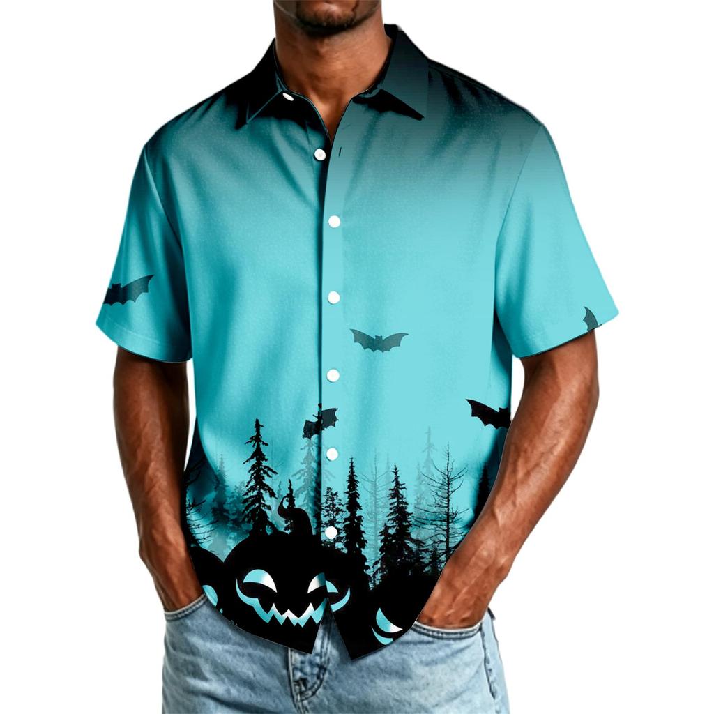 Herren Freizeithemd Kurzarm Button-Down Halloween-Print Leichtes Atmungsaktives Gewebe Lockere Passform Hemd für den Alltag