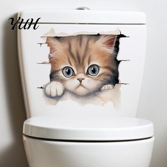 Animal Patterns Sticker Broken Wall Cat Toilet Sticker, Peel And Stick Decor Decals Decal, Removable Waterproof PVC Lid for Bathroom Easy Application