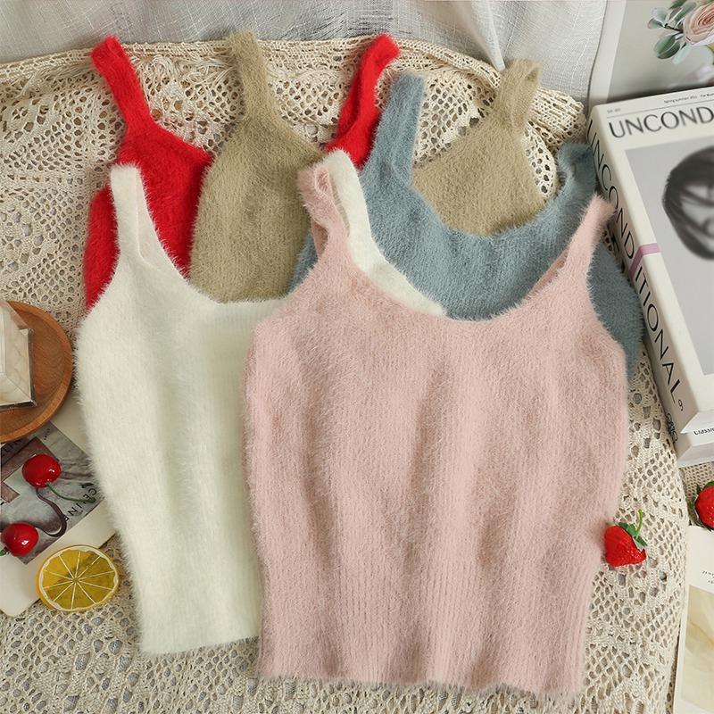 Women's Knitted Plush Elegant Slim Camisole Solid Color  Temperament Sleeveless U-Neck Versatile Cropped Top