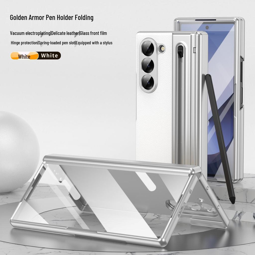 ZFOLD7: Spring-Loaded Pen Slot & Stylus Case for Samsung Z Fold 6/5/4/3 with Electroplated Leather Finish