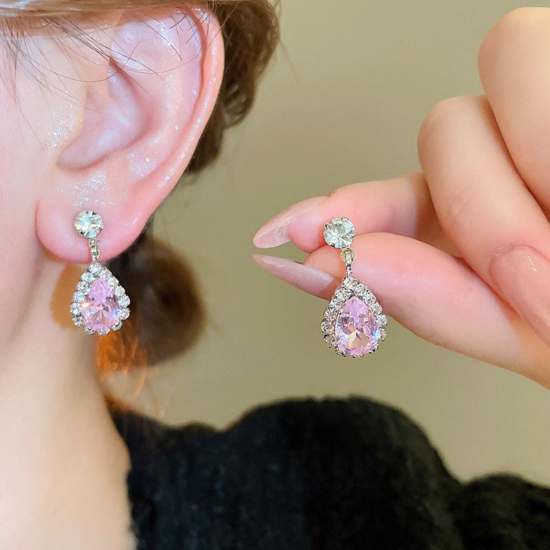 Inlaid Rhinestone Water Droplet Pink Pendant Earring Necklace Set Exquisite Temperament Light Luxury Fashion Zircon Sets Gifts