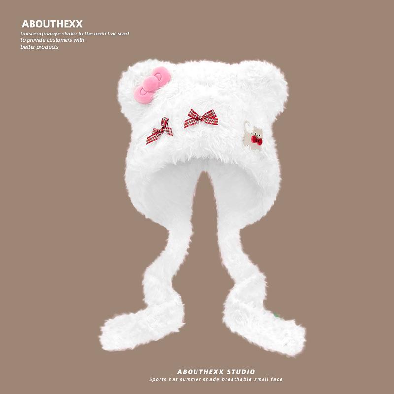 Cute Bear Ears Cat Bow Hat Women's Autumn and Winter Thickened Warm Plush Hat Ear Protection Knitted Lei Feng Hat
