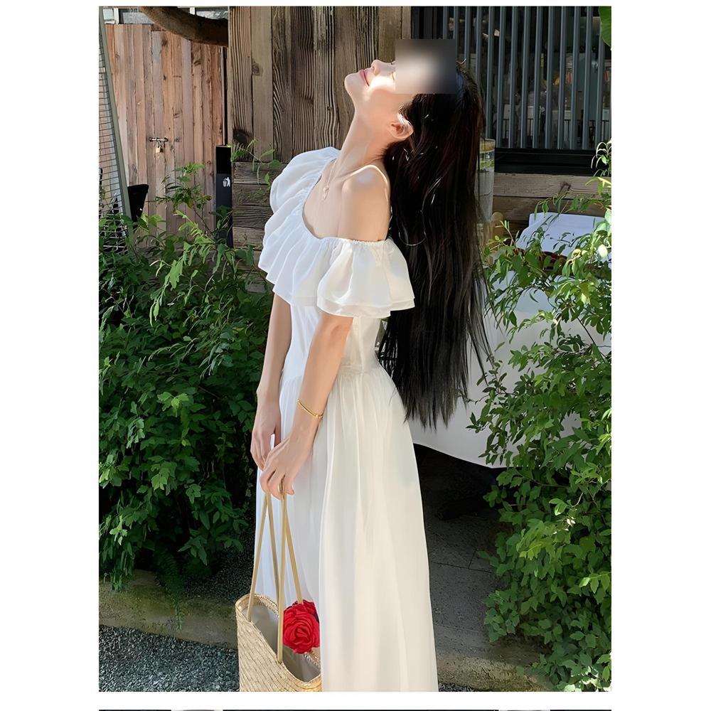 White dress women's summer temperament new long waist one-word shoulder flying sleeves a-word skirt square neck ruffle edge