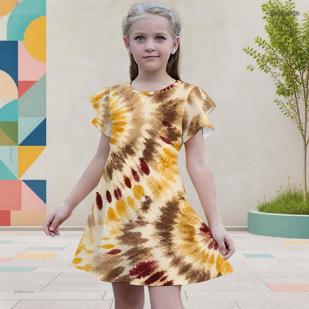 Girls Round Neck Flutter Sleeve A Line Abstract Printed Dress