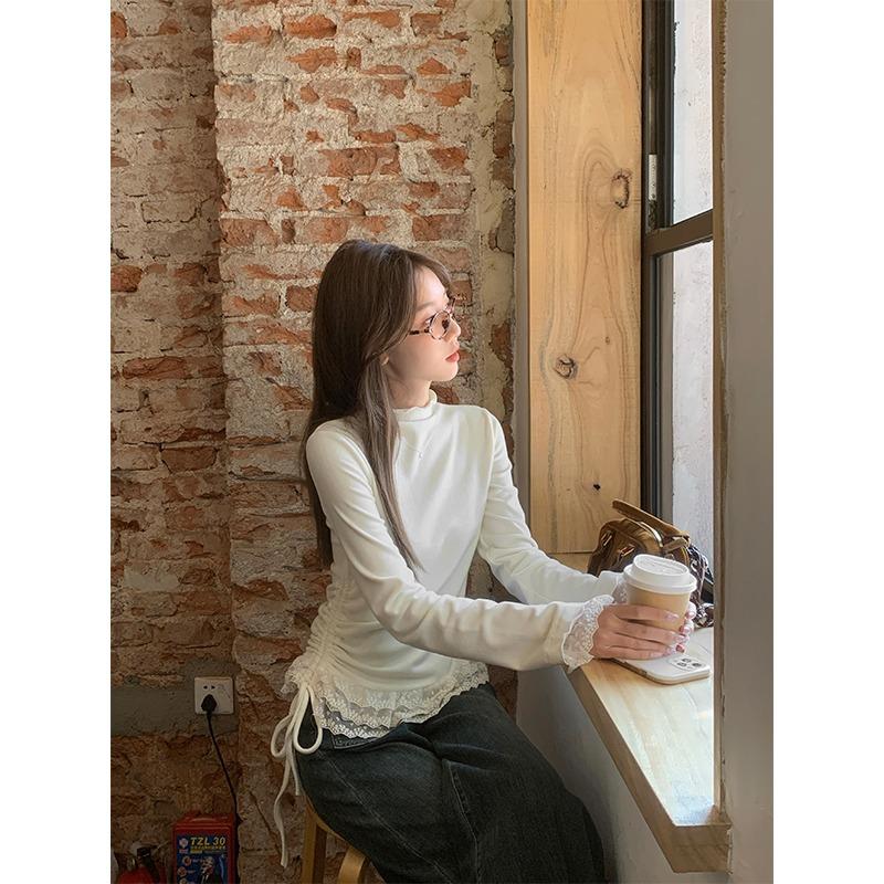 Autumn Long Sleeve Lace Fungus Base Women's Casual T-shirt Fashion Winter Long Sleeve Warm Tshirts Woman Stand Simple Slim Fit Ladies Tee Tops 25799