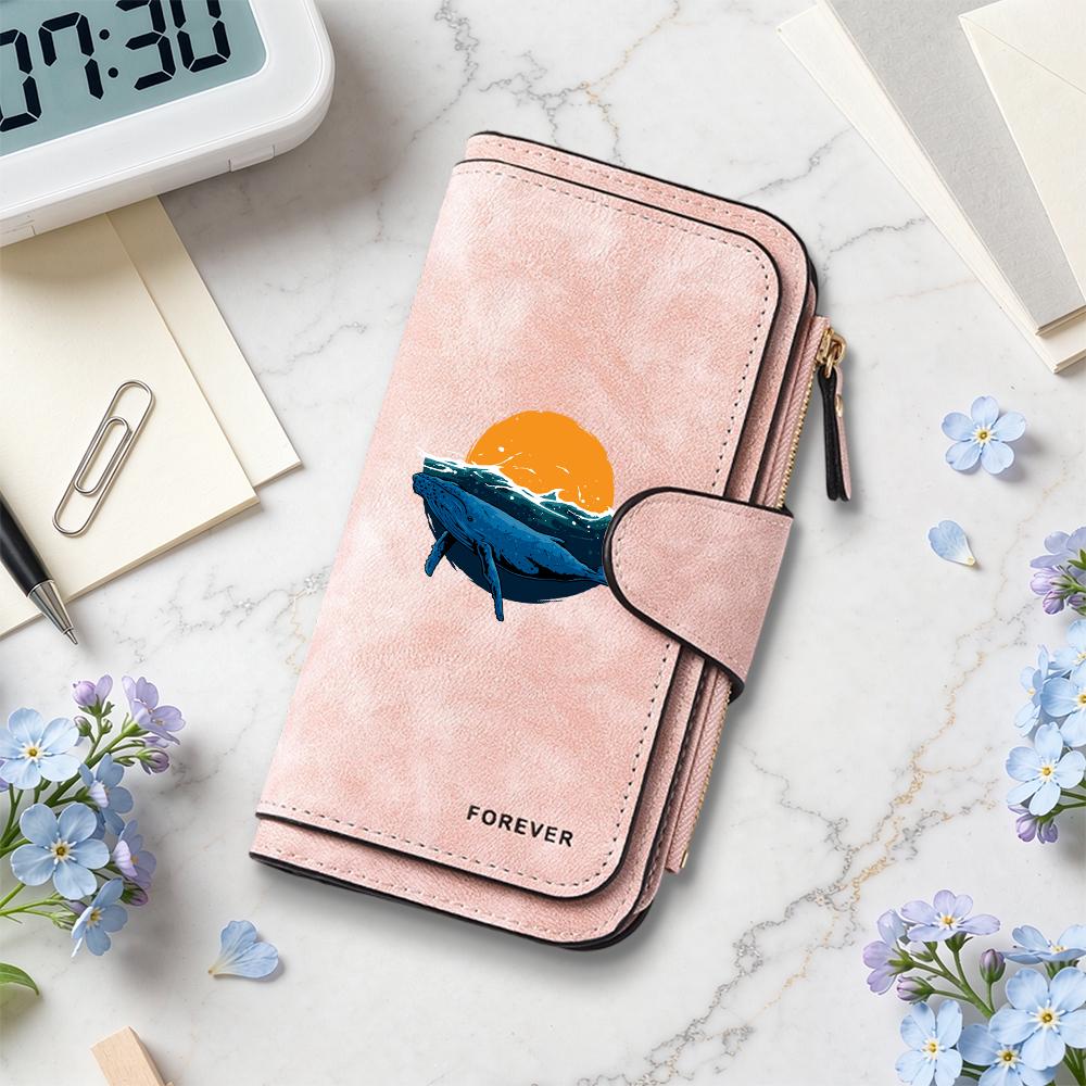 Women Long Wallet Cute Whale Sunset Pattern Card Holder Fashion Casual Portable Purse